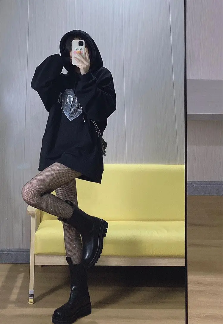 Hooded Cute Hoodies Himegyaru Woman Long Sleeve Stand-Up Plush Vintages Blocking Embroidery Sportswear O Neck Striped Sleeved