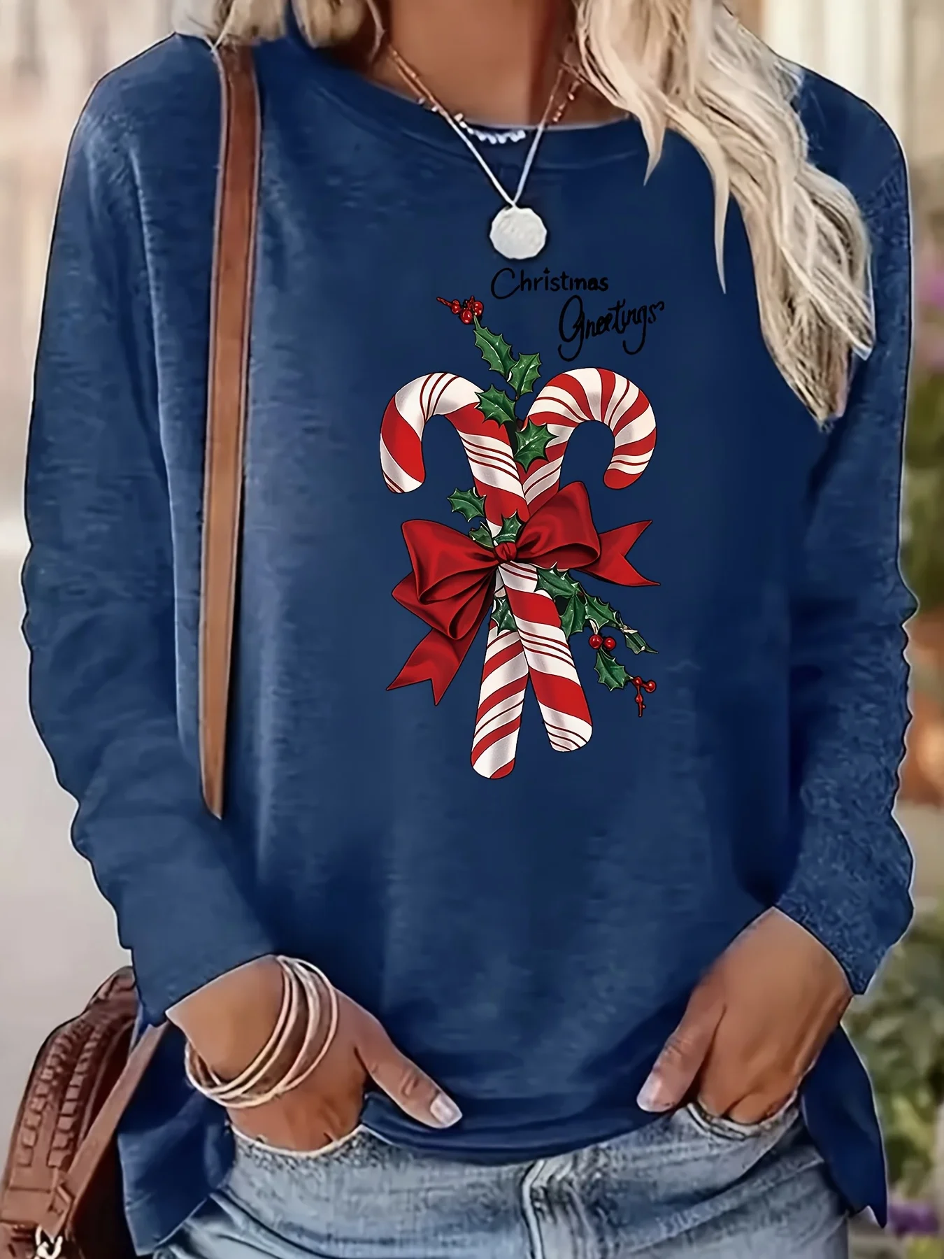 Plus Size Plus Size  Long Sleeve T-Shirt for Women Featuring a Christmas Candy Bar And Holly Design - Made from Casual Fabric, with a Round Neck for Year-Round Comfort And a Regular Fit, Perfect for The Holiday Season