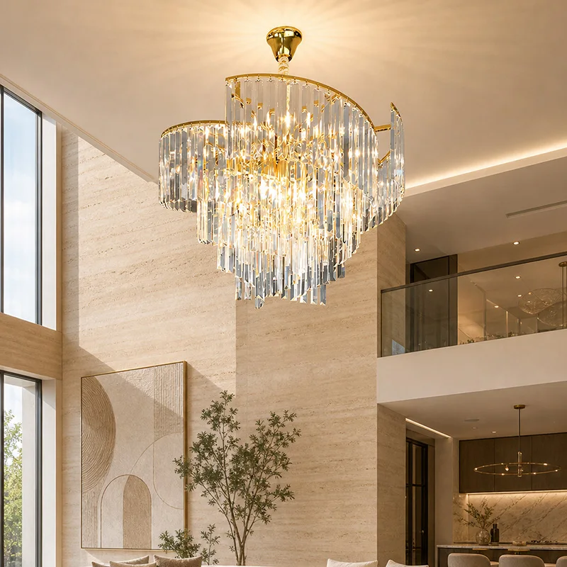 Luxury Gold Spiral Crystal LED Chandelier E14 Base Modern Decorative Hanging Pendant Light for Home Living Dining Kitchen Island