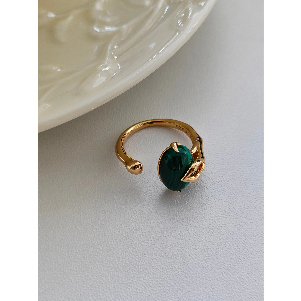 NEW ​ Full Body S925 Sterling Silver Plated With 18K Gold | Malachite Ring 100594