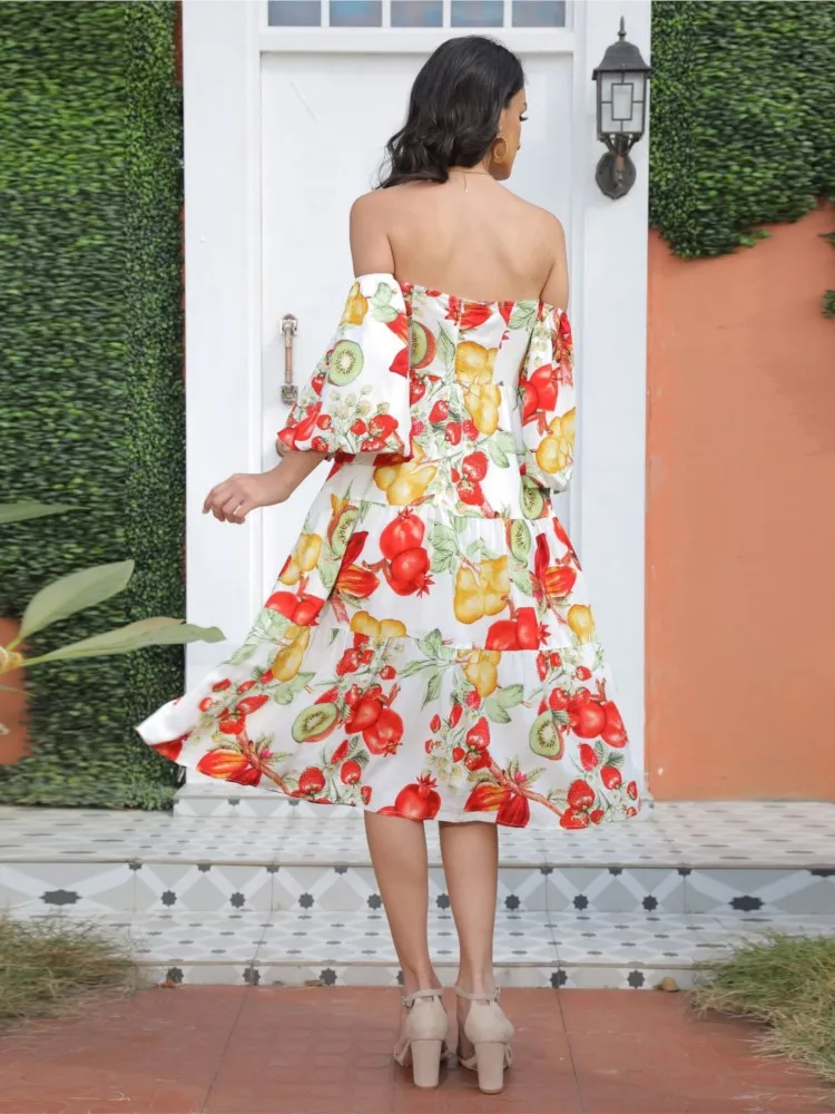 Spring And Summer New Temperament Sweet Floral Dress Sexy Design Off Shoulder Holiday Long Hem Swing Sun Dresses With Sleeve