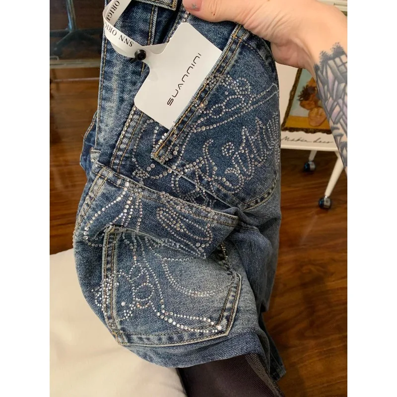 

Осень-зима 202, синие джинсы, свободные большие широкие джинсовые брюки, женские винтажные джинсы со стразами и высокой талией, прямая уличная одежда