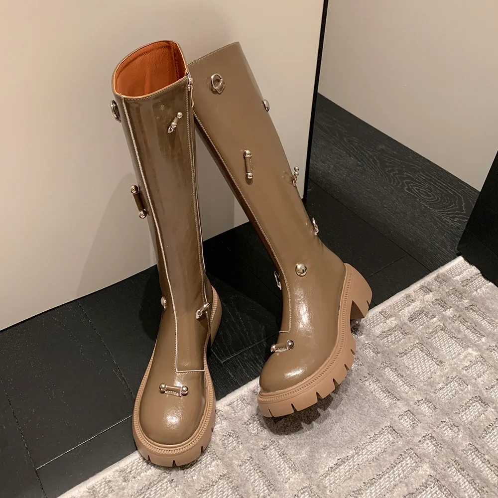 Aucegi Autumn Winter Women Knee High Boots Khaki Black Platform Round Toe Popular Chunky Heel Genuine Leather Metal Embellished