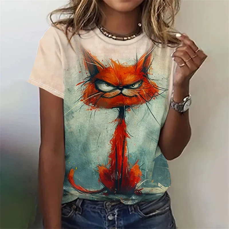 Lustiges Katzenmuster-T-Shirt für Frauen, niedliches Tier, 3D-gedruckte T-Shirts, Sommermode, übergroße T-Shirts, kurze Ärmel, Rundhals-Tops
