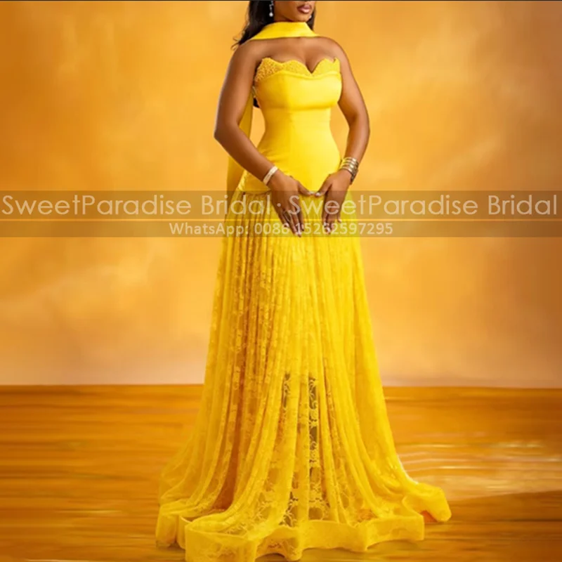 

Gold Yellow Lace Prom Dresses Pleat A Line Long Customized Sweetheart Neck Evening Dress Party For Women