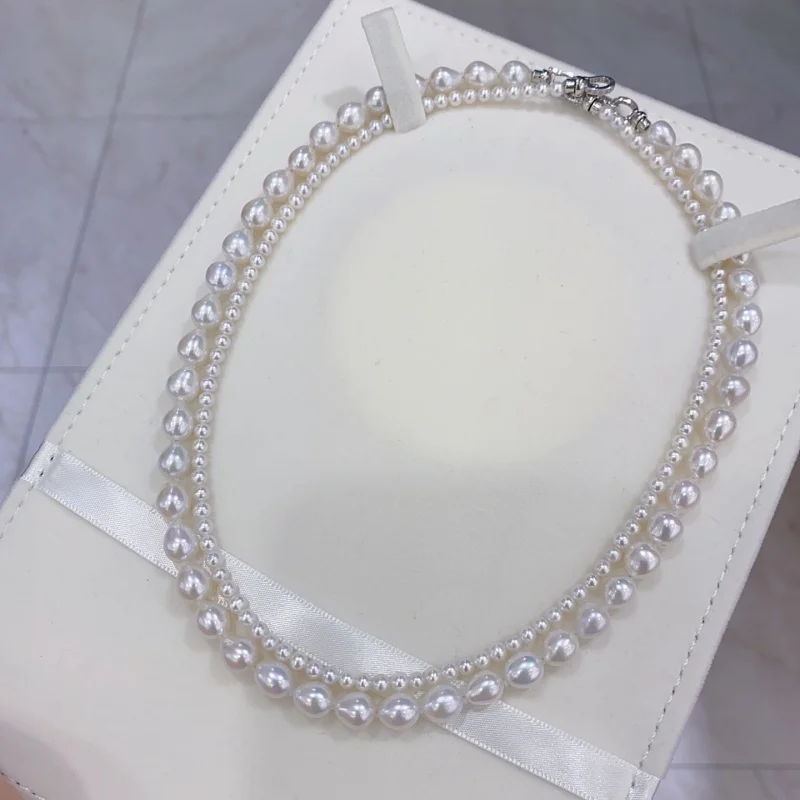 

SGARIT Classic S925 Silver 3-4mm with 7-8mm Aurora Natural Freshwater Pearl Double Rows Necklace Jewellery Set For Women