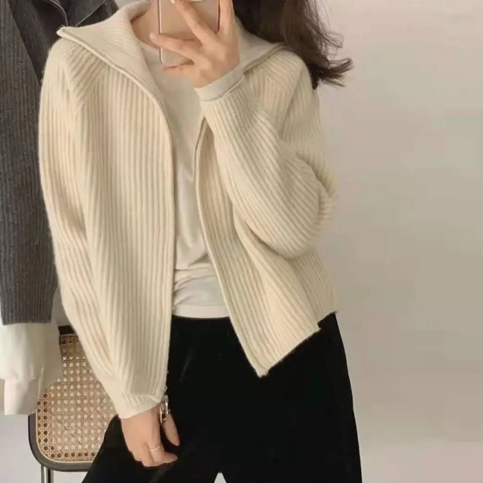 Cardigans Women Baggy 6 Colors Ulzzang Solid Zip Simple Designed Students Sweet Warm Knitted Harajuku Lapel BF Popular All-match