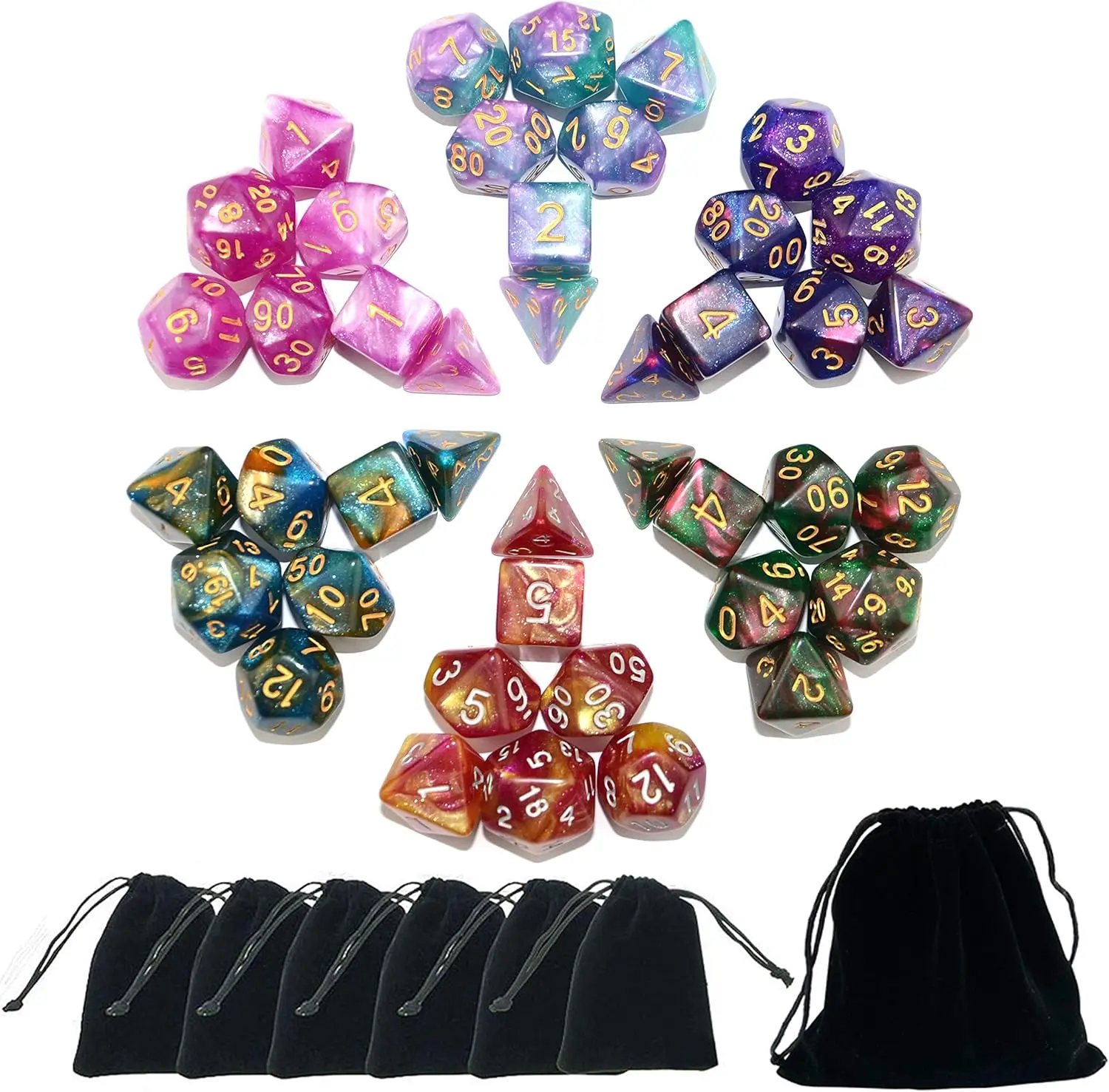 

6 x 7 Sets (42 Pcs) Glitter Polyhedral Dice Sets with Pouches for DND RPG MTG Table Games D4 D8 D10 D12 D20