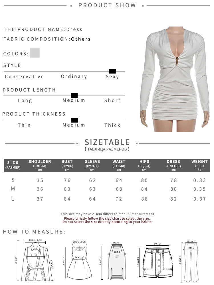 Weird Puss Elegantes Mini-Kleid mit Raffungen für Damen, Herbst-Trend, Metallverzierung, tiefer Ausschnitt, lange Ärmel, Abend-, Ball- und Party-Stil, figurbetont – Detail 1
