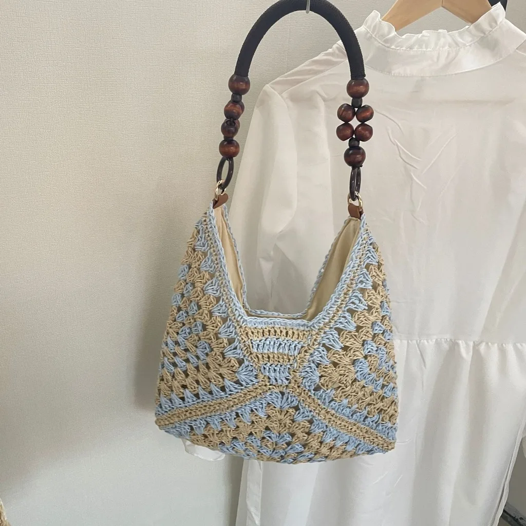 Underarm Beach Bag Magnetic Wood Bead Strap Bag Woven Straw Shoulder Bag Breathable For Short Trips Weekend Getaway Vacation