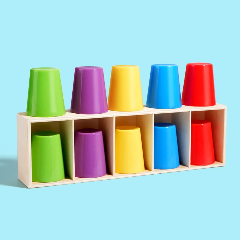 Zabawki edukacyjne do nauki kolorów Montessori, gra sensoryczna dopasowywania kolorów, drewniany kubek do zgadywania kolorów, rozwój motoryki małej, wczesna edukacja dla maluchów.