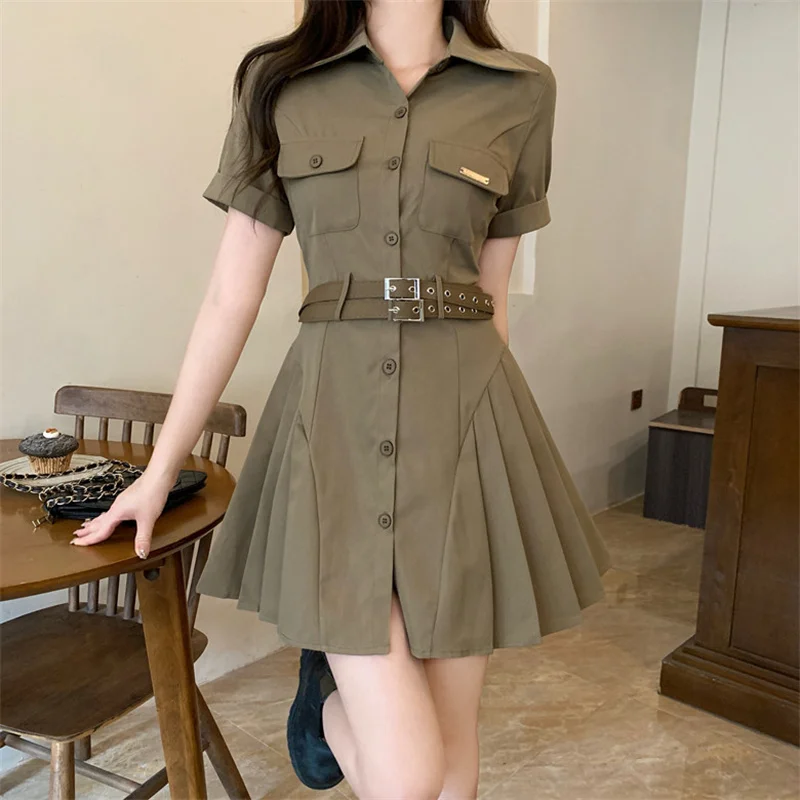 

Slightly Chubby Female Workwear Short Sleeved Dress 2024 Summer Loose Slimming Skirt With Pleats Covering the Belly For Children