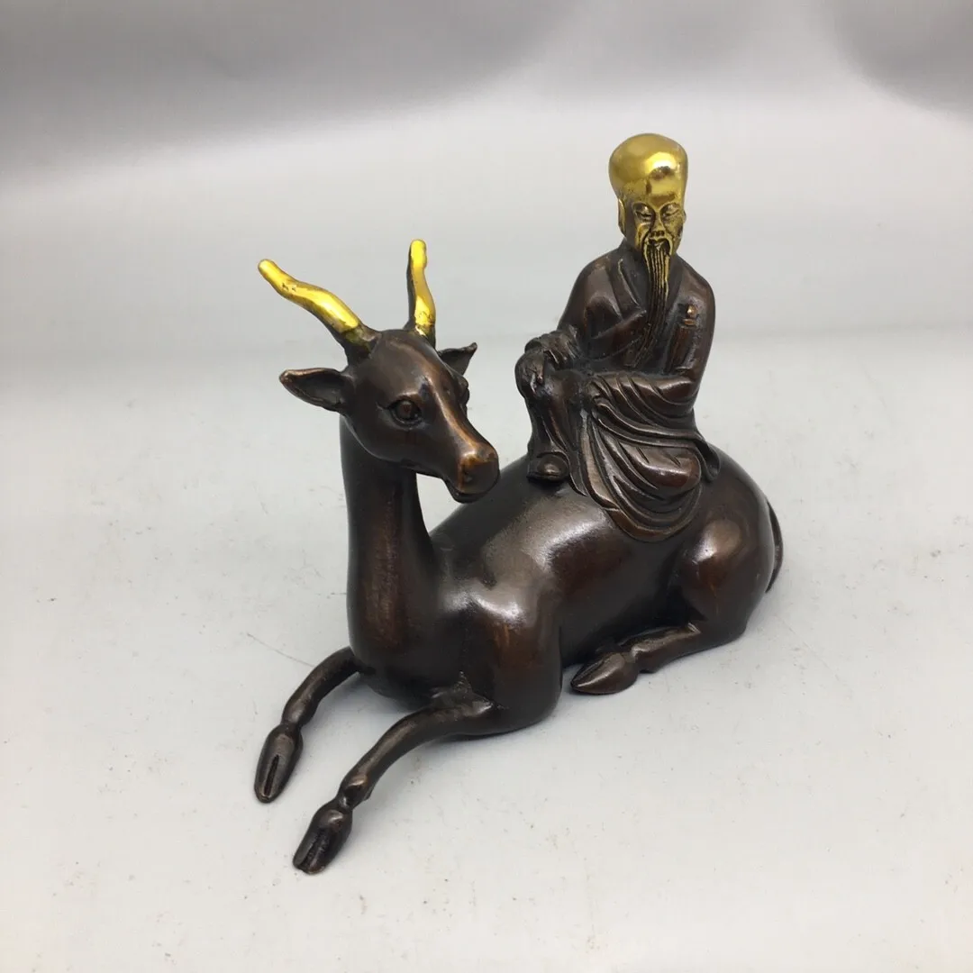 Vintage Gilded Bronze God of Longevity Riding Deer Statue Chinese Immortal Figurine Home Desk Collectible Decor Ornament