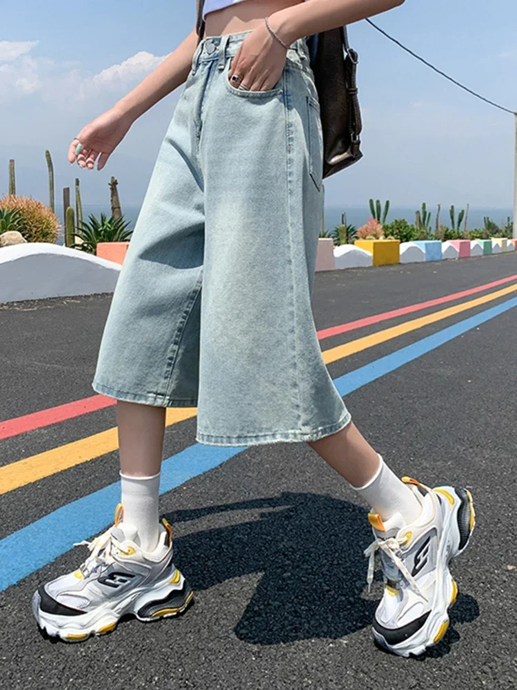 LIBIELIY Female Summer American Vintage Baggy Denim Cropped Pants Woman High Waist Washed Wide Leg Jeans Light Blue Loose A Lin