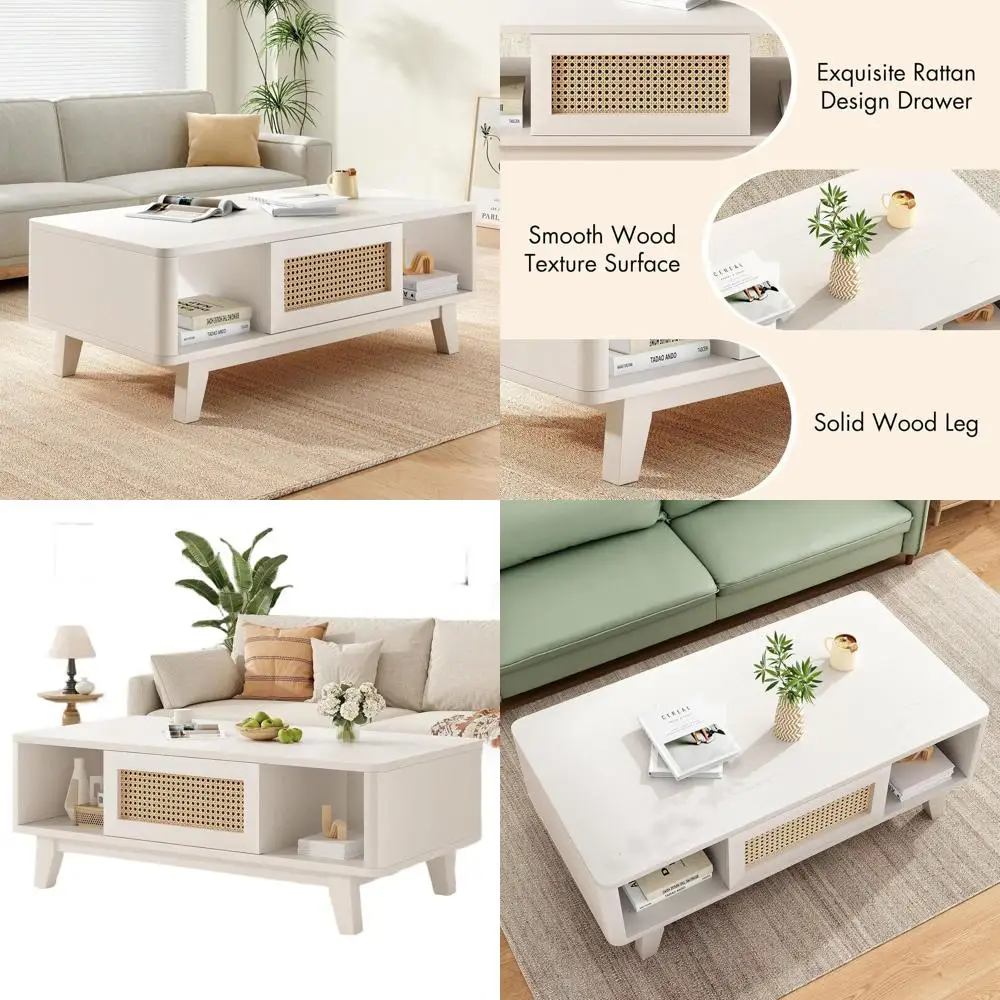 

Living Room Storage Coffee Table with Rattan Edge and Solid Wood Legs