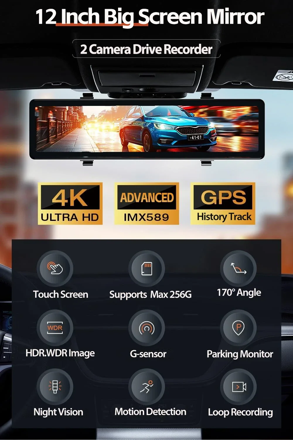 Cámara de salpicadero con espejo táctil 4K de 12 ", GPS IMX589, cámara Dual frontal y trasera, Control por aplicación WiFi, visión nocturna WDR, Monitor de estacionamiento, cámara DVR