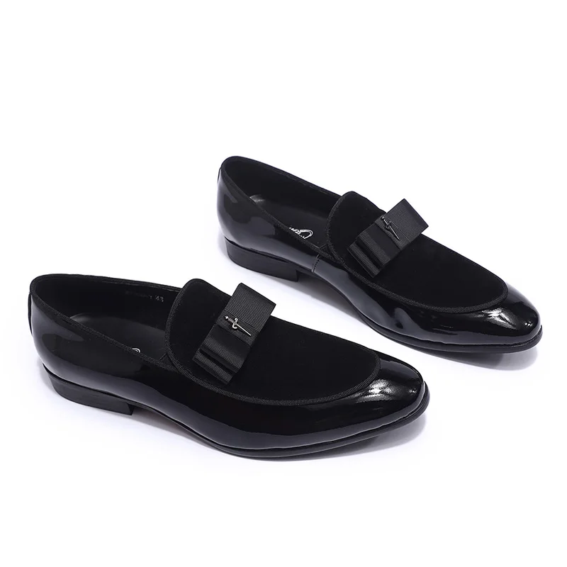 Luxury Mens Loafer Shoes Patent Leather With Suede Slip-On Shoes With Bowtie Party Wedding Banquet Dress Shoes for Men