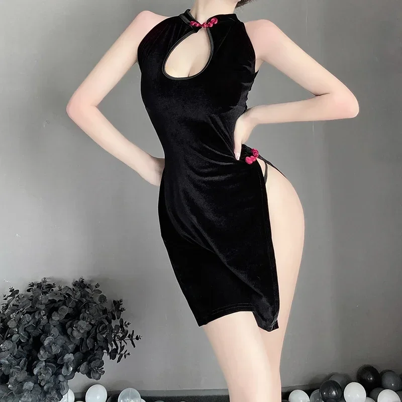 Sexy Lingerie Black High Split Cheongsam Uniform Backless Lacing Exotic Dresses Hollow Out Cheong-sam Night Club Wear Women Girl