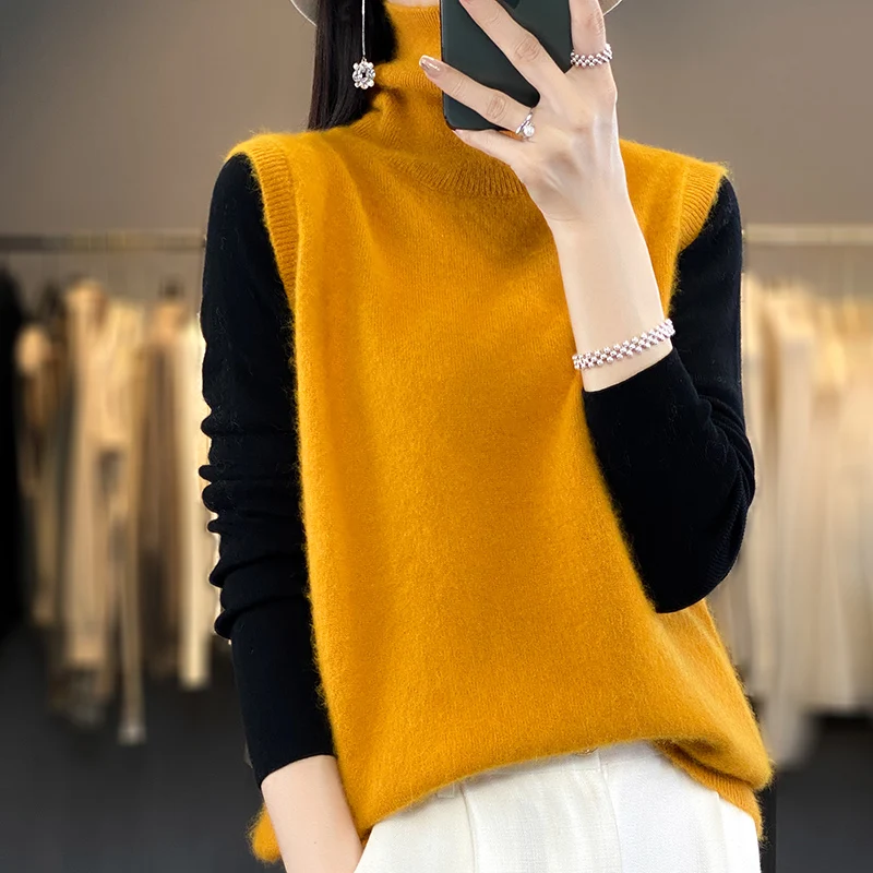 Pure Mink Cashmere Vest Women\'s Turtleneck Pullover Sleeveless Knit Sweater With Loose Tops Autumn and Winter Casual Vest Jumper