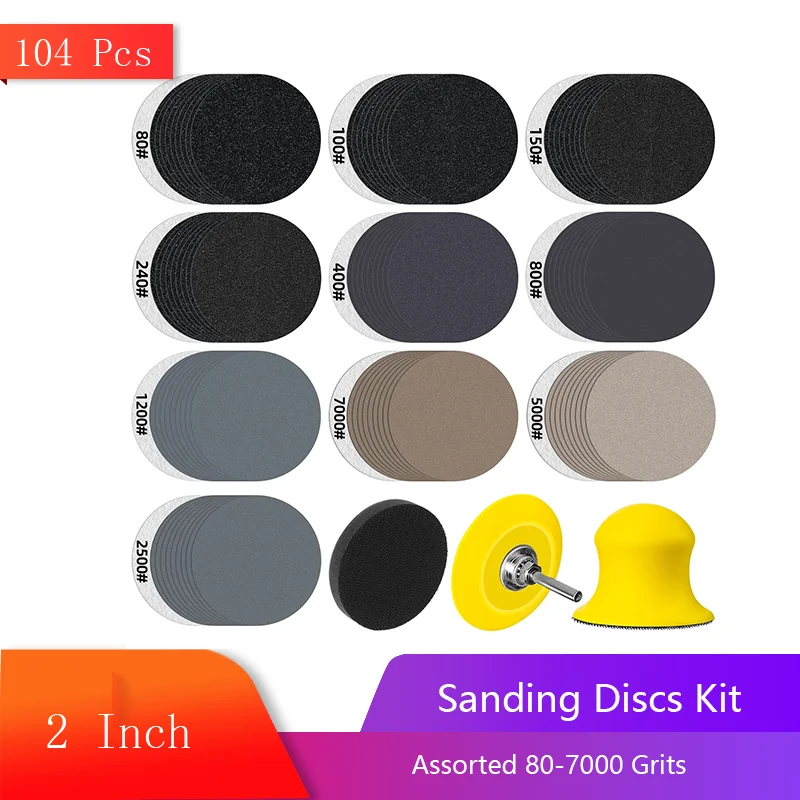 

2 Inch Sanding Discs 104 Pcs Sandpaper Assorted 80-7000 Grits with 1/4” Shank Backing Plate and Hook & Loop Foam Buffering Pad