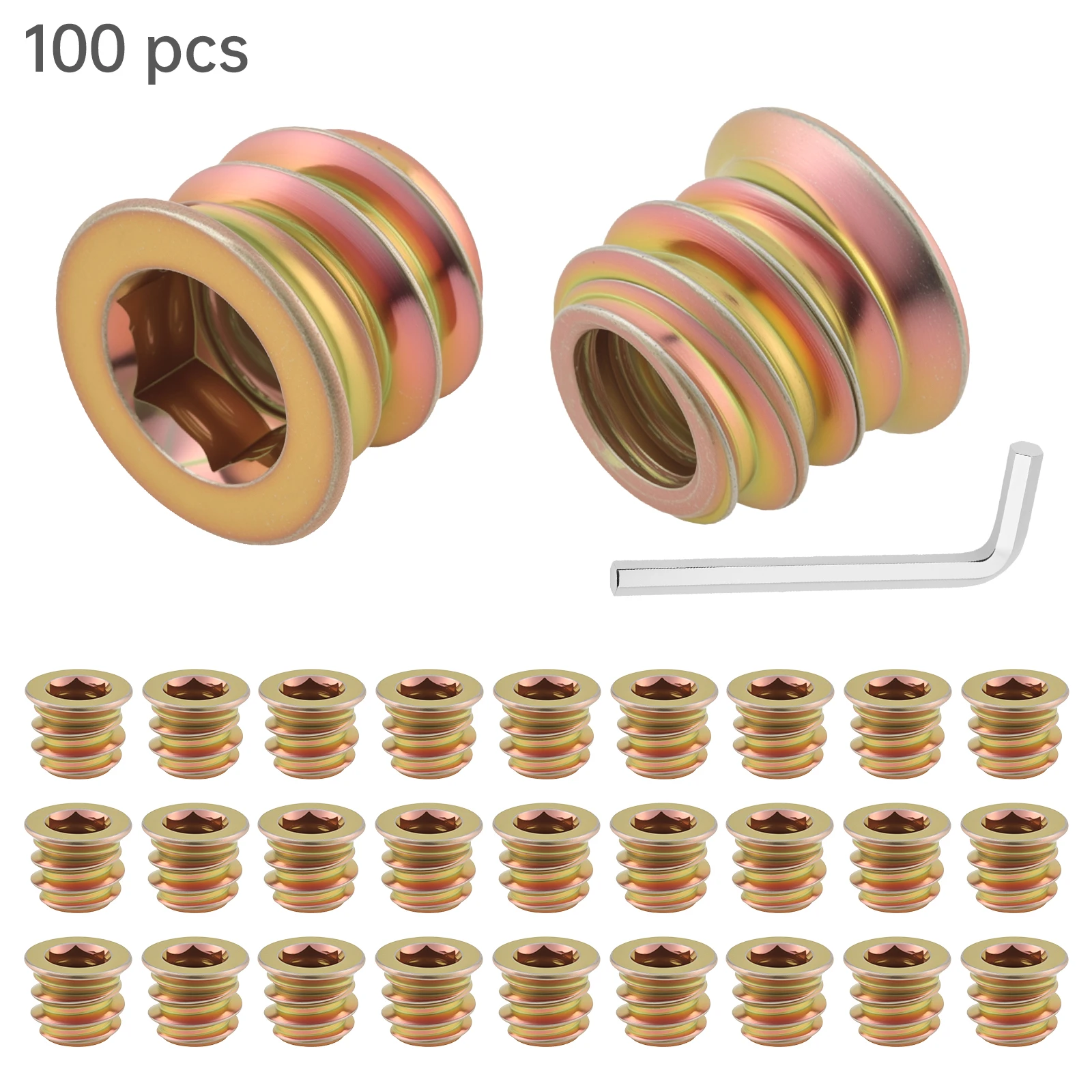 100 pcs 1/4 inch 20x10 mm Threaded Inserts for Wood-Metal Screws Assortment with Hex Wrench, Hex Socket Drive Nut Inserts