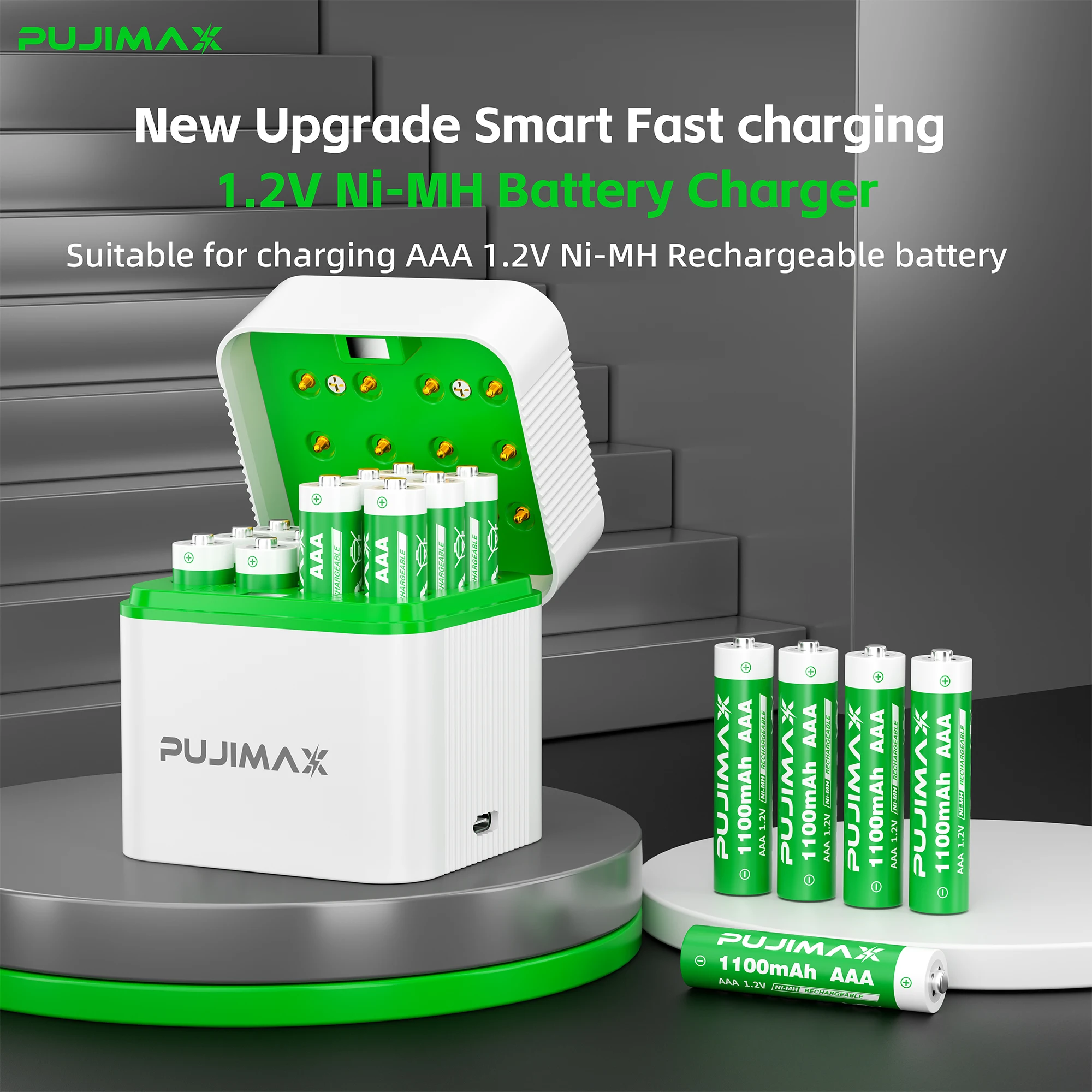 PUJIMAX 1.2V AAA Rechargeable Battery 4/8/12 Slot Smart Flip Top Charger 1100mAh Ni-MH Battery Flashlight Toys Clocks MP3 Player