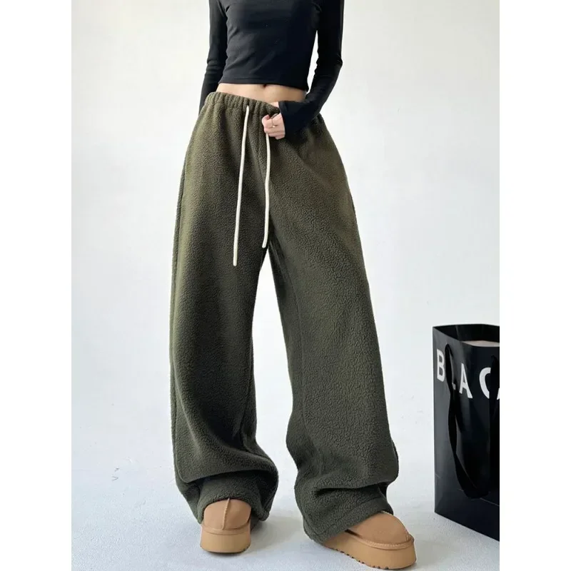 Deeptown Y2k Vintage Winter Sweatpants Woman Korean Popular Baggy Sports Thick Pants Office Lady Basic Wide Leg Warm Trousers