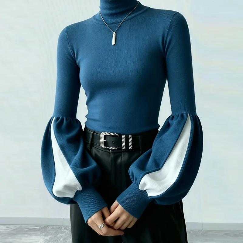 

Modigirl осенне-зимний вязаный свитер, топы для женщин, 2022, контрастный цвет, сращенные пуловеры с длинными рукавами и высоким воротом, женская одежда