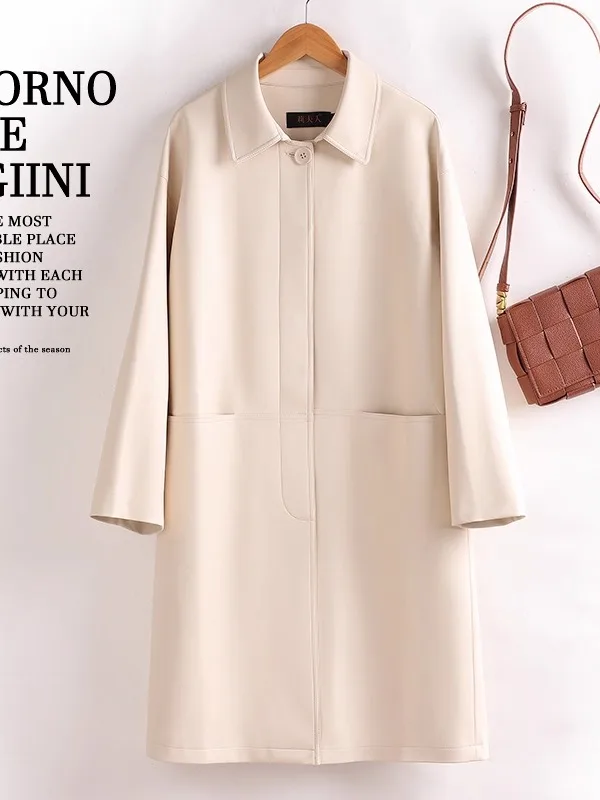   Ning – manteau en cuir véritable pour femme, mi-long, grande taille, ample, haut de gamme, sensation eepskin, nouvelle collection printemps automne 2025