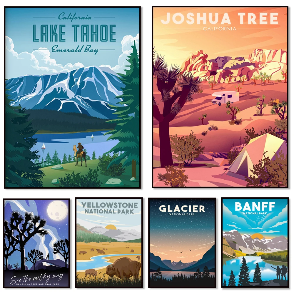 (No frame)Banff, Bryce Canyon, Parque Estatal del Lago Tahoe, Árbol de Josué, Yellowstone, Jasper, Póster de viaje con paisaj
