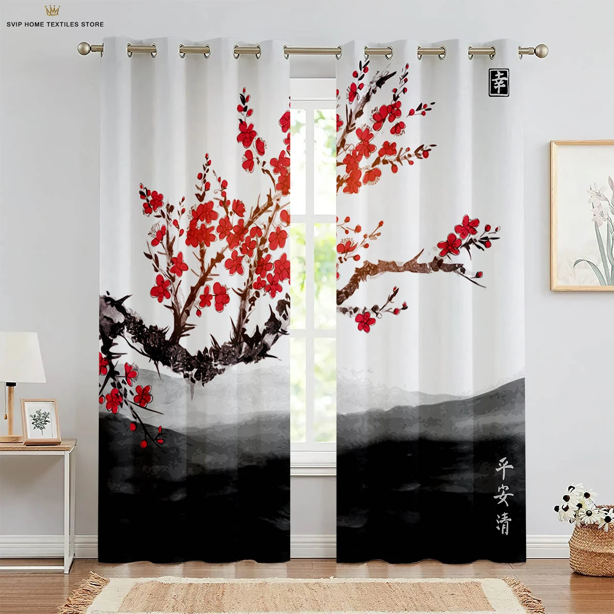 

2 Pieces Of Ink Landscape Plum Blossom Chinese Style Printed Curtains Dormitory Bedroom Living Room Study Decorative Curtains