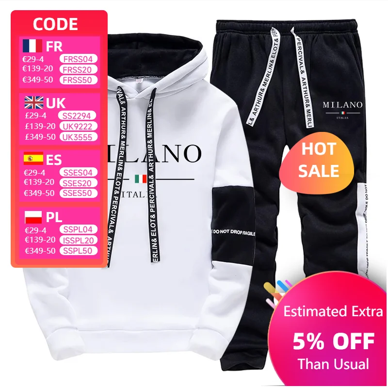 

New in Men's Tracksuit Popular City Printing Casual Hooded Sweatshirts 2 Piece Set Daily Black White Clothing Men Jogging Set