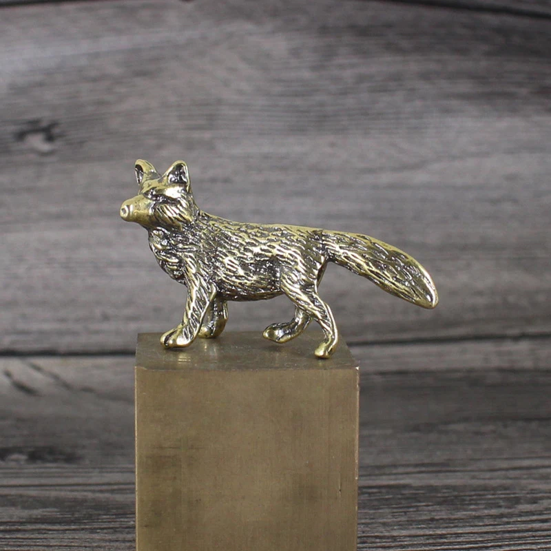 1Brass Fox Figurines Solid Miniatures Desk Ornaments Tea Pet Crafts Retro Small Animal Statue Home Decor Gift Collection Art