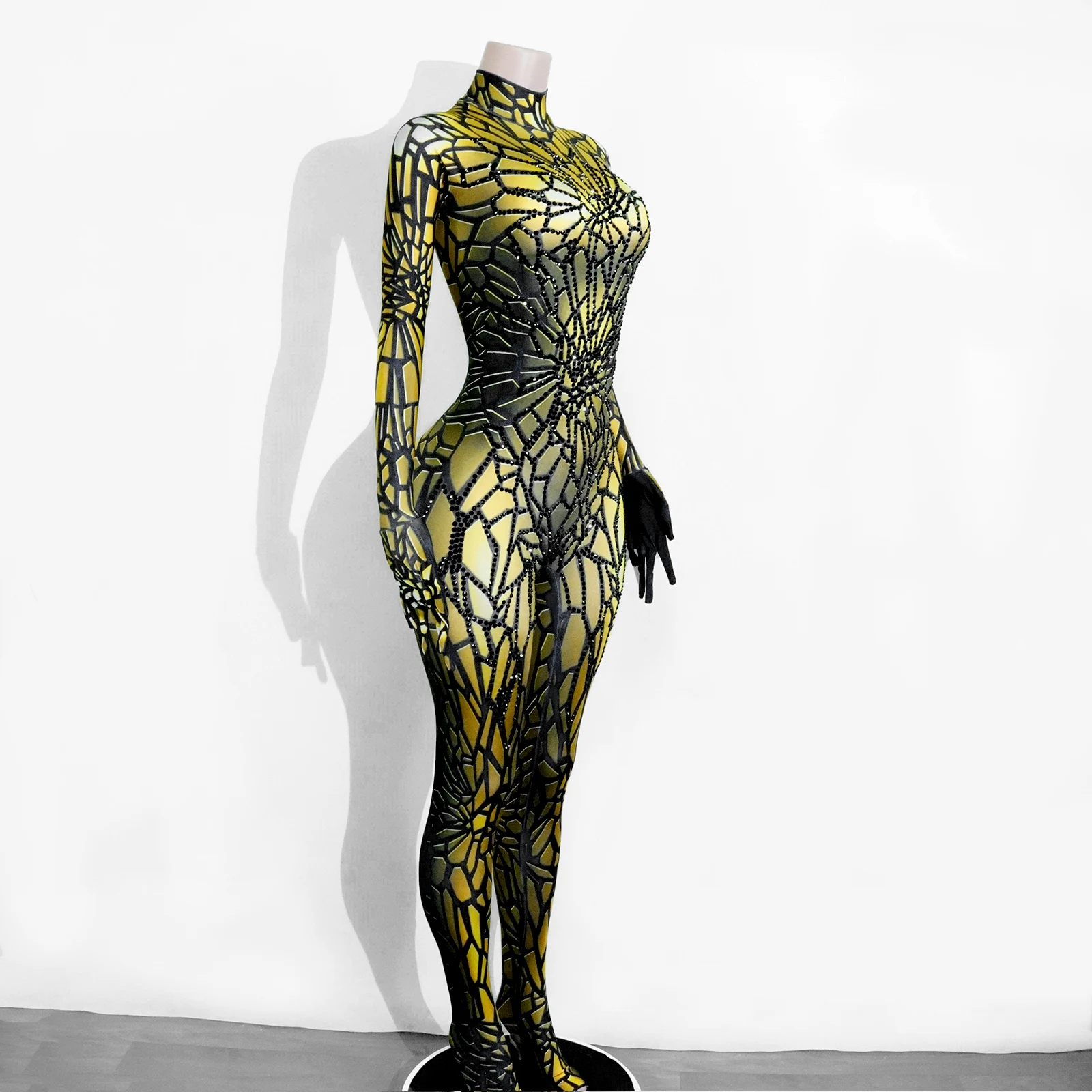 الذهبي Crackpatterned Highneck ضيق بذلة مثير تمتد الرقص ضيق حزب المغني Dj المرحلة زي عيد ميلاد سحب الملكة زي #3