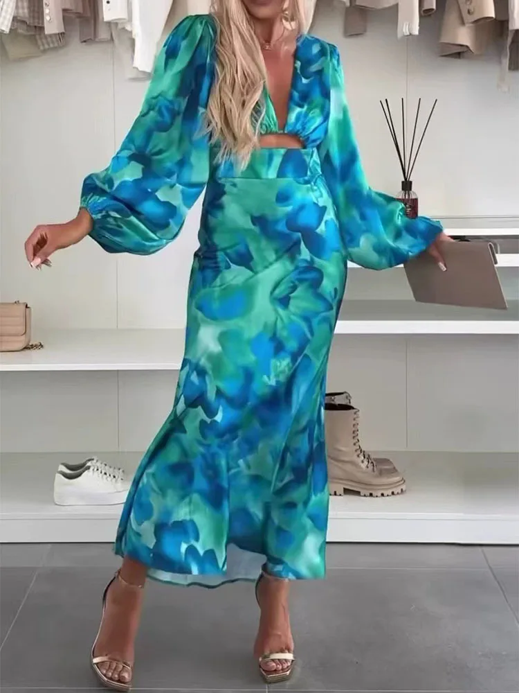 Elegant Pattern Print V-neck Long Dress Autumn Casual Long Sleeve Women's Dress Fashion Hight Waist Hollow Out Slim Party Dress