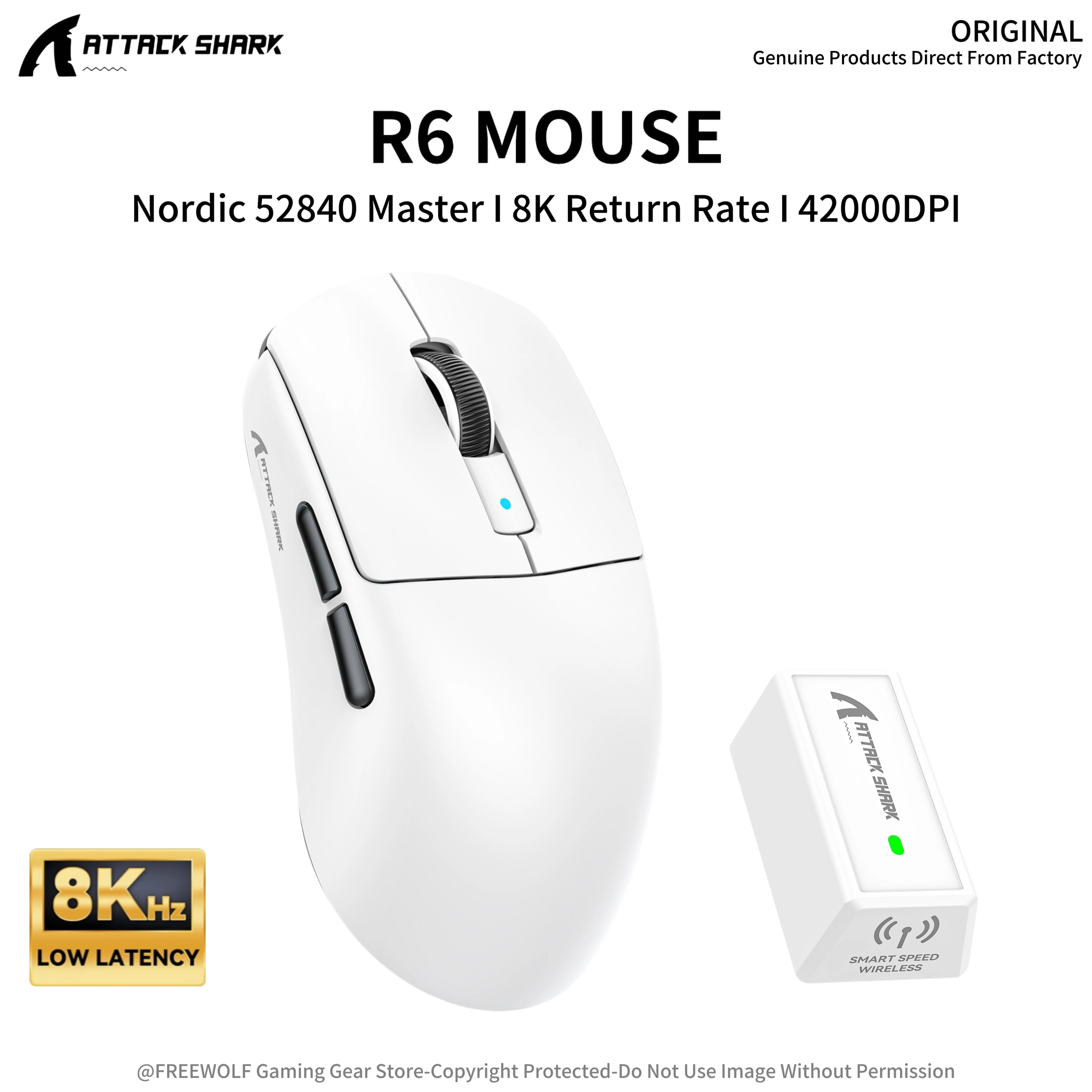 

Беспроводная игровая мышь ATTACK SHARK R6 8K Гц, Nordic 52840 MCU, игровой сенсор PixArt PAW3950, 42000 DPI, 750 IPS, сверхлегкая 39 г