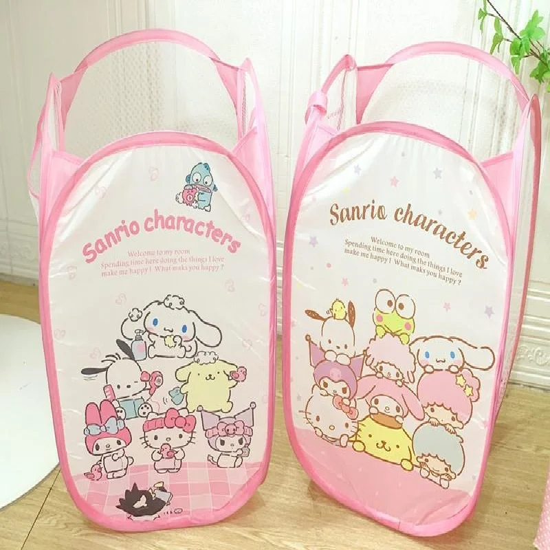 Sanrio Hello Kitty Mesh Laundry Kuromi Basket Folding Dirty Clothes Storage Organizer My Melody Household Bag