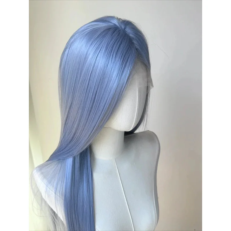 Pelucas azules cenizas para mujer, peluca con malla frontal 13x4, pelucas sintéticas largas y rectas de 26 pulgadas, peluca de Cosplay de fibras súper suaves resistentes al calor