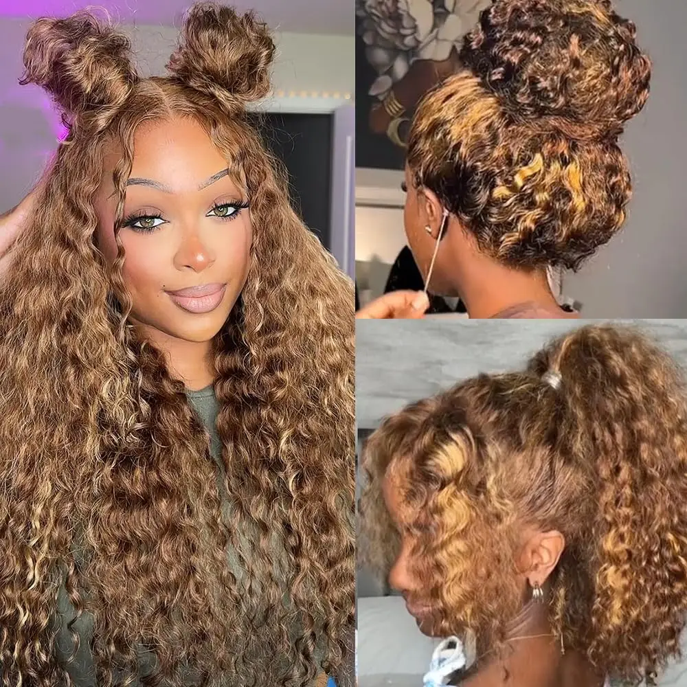 

Ombre Honey Blonde 360 Lace Wigs Human Hair Invisi Strap 4/27 Highlight Deep Wave Lace Front Wigs 220 Плотность 360 HD Фронтальный парик