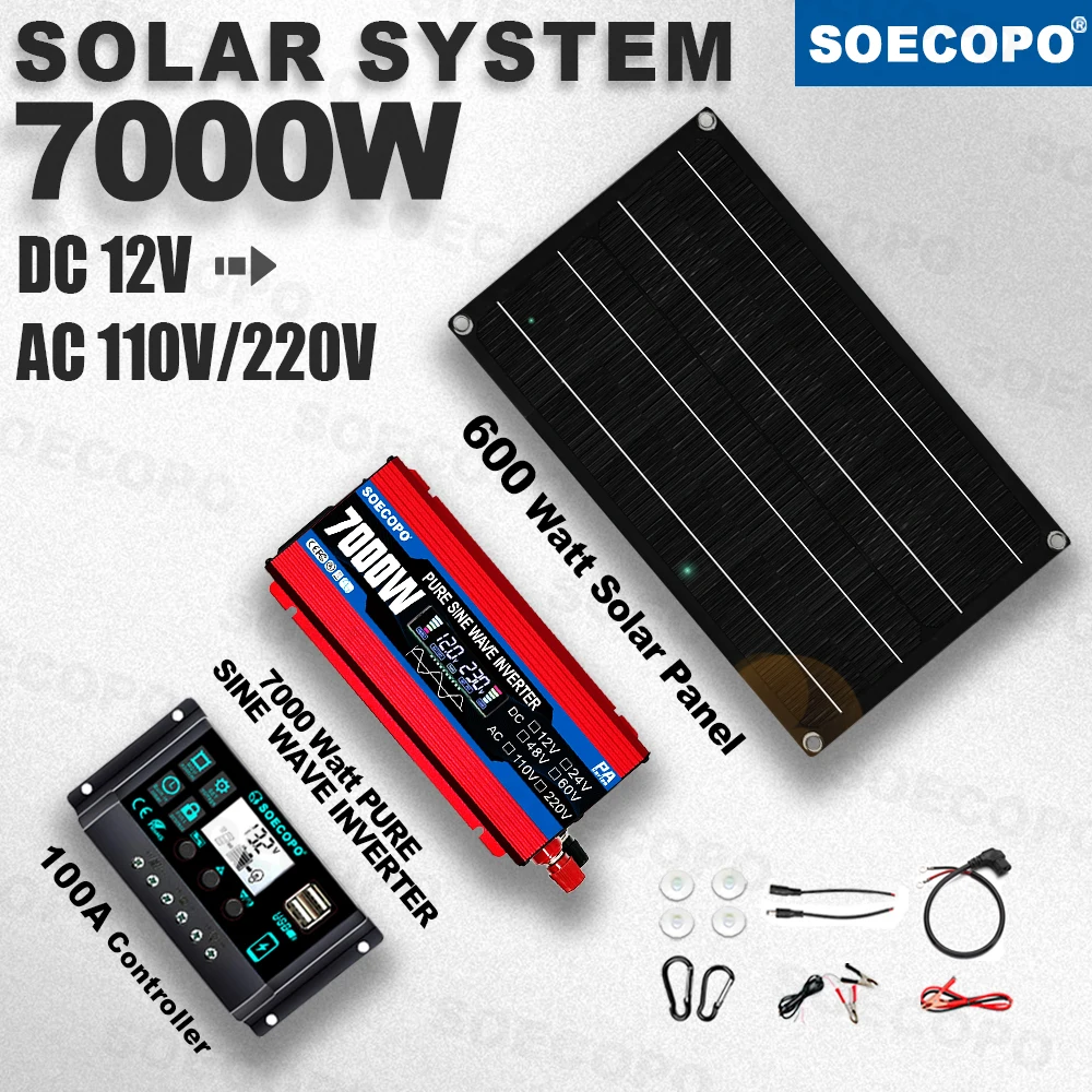 

7000W Peak Solar System Kit Pure Sine Wave Inverter 12V To 110V 220V 600W Panel 100A Controller Generator for Camp Home Charger