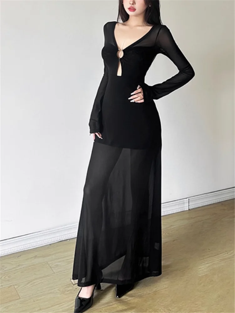 Sexy Black Deep V Neck Mesh Long Evening Party Dress 2025 Fall Winter Fashion Long Sleeve Hollow Out Sheer A Line Dress Vestidos