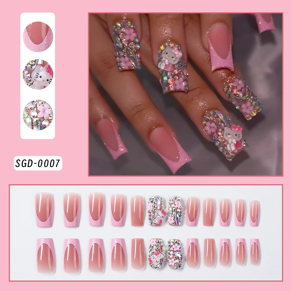 24Pcs Y2K Cartoon Glitter Pink False Nails HelloKitty Press On Nails with Rhinestone/Five-petal Flower French Deisgn for Wedding