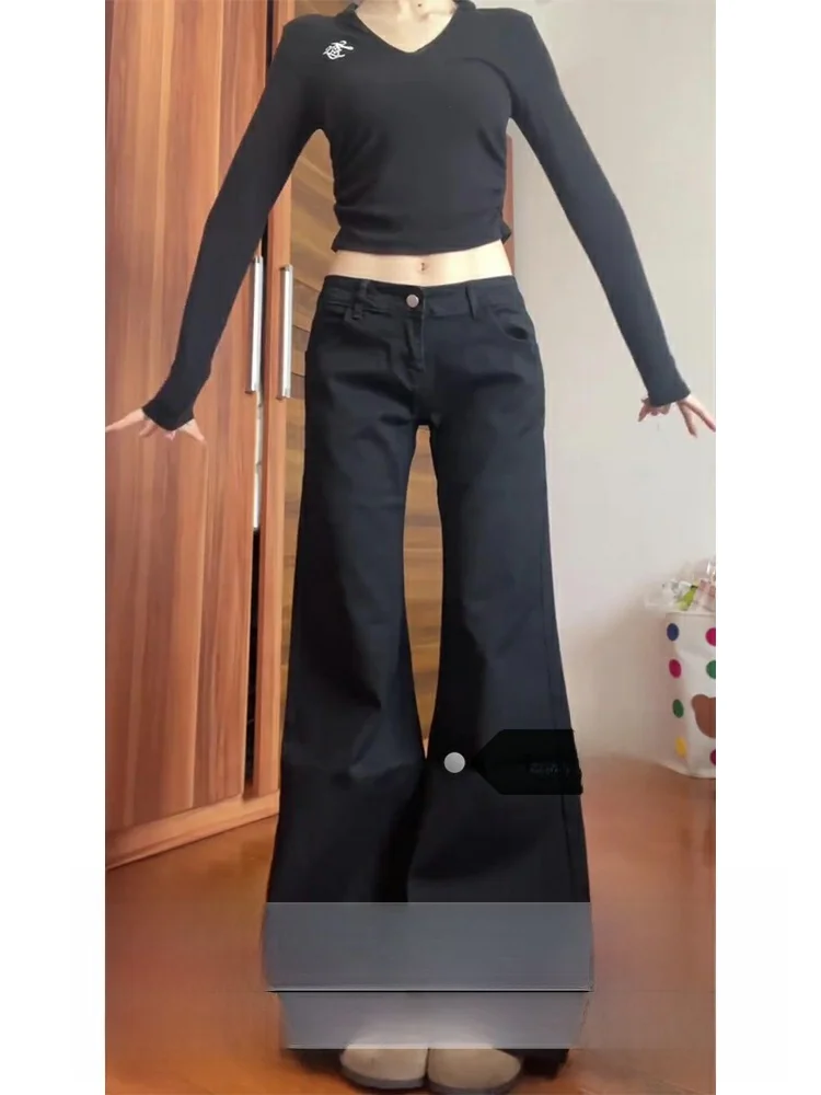 

Джинсовые джинсы-колокольчики с низкой талией, женские осенне-зимние свободные широкие брюки длиной до пола, расклешенные джинсы с микро-расклешенными джинсами, винтажные черные