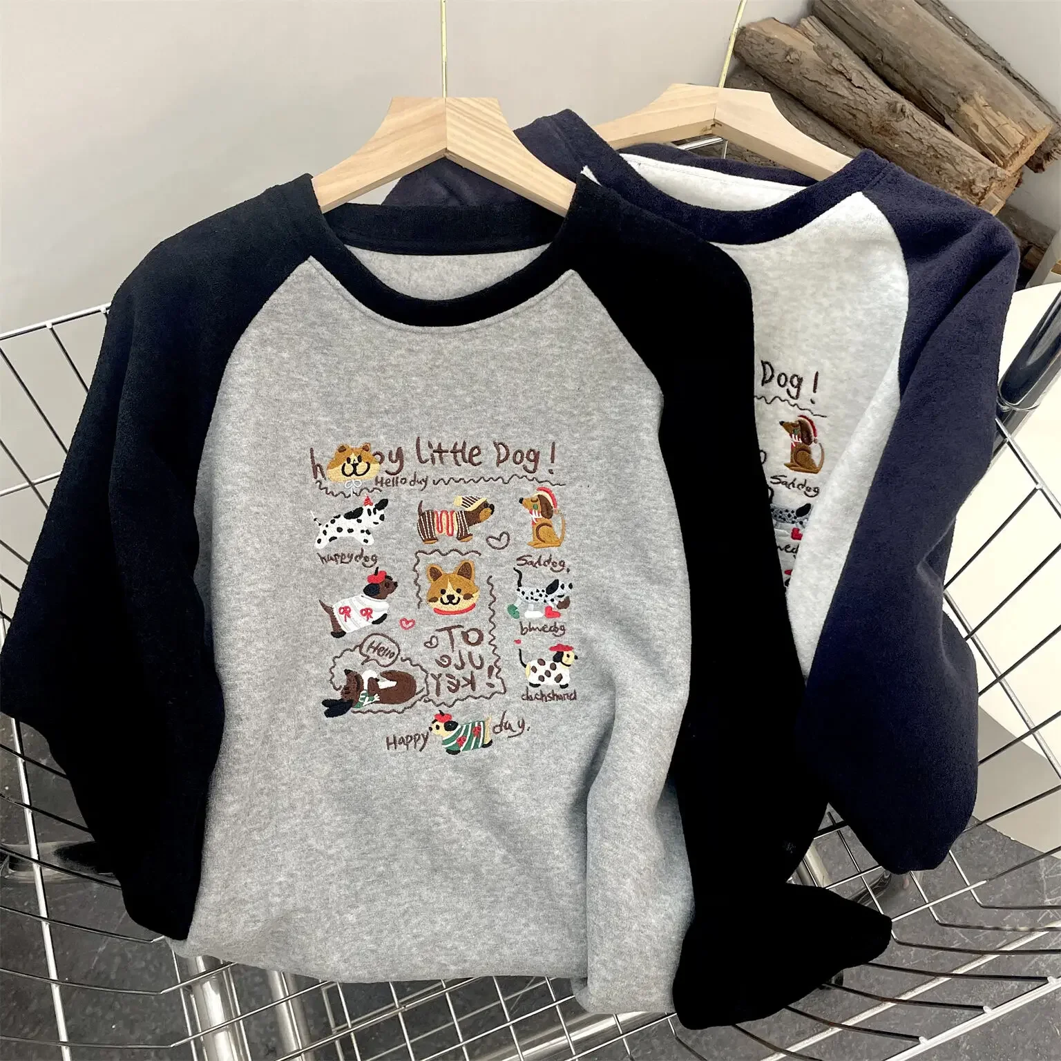 LangMao Embroidery Dog Cute Long Sleeve Towel Thick T Shirt Thickened Spring T Shirt