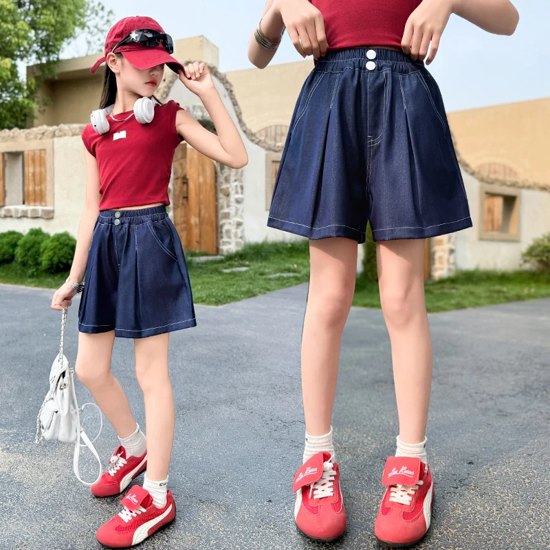 New Kids Designer Summer Silk Denim Shorts With Button for Tweens Girls Brief Style Navy Blue Mini Short Pants Child Age 5-14Y