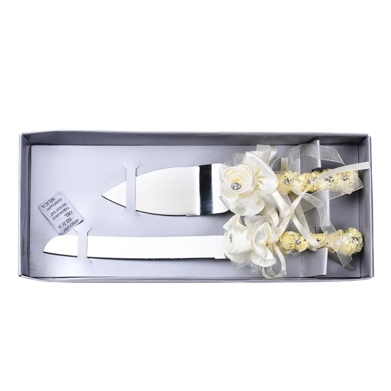 Ribbon Flower Decorated Stainless Steel Shovel Cake Pizza Knife Serving Set for Wedding   Birthday PartyCake Cutter