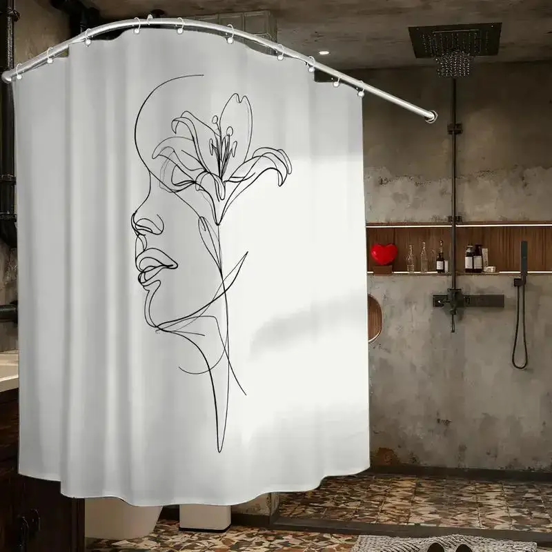 

Минималистичная занавеска для душа с линейным рисунком – профиль женщины и лилия в одном контуре, 12 крючков, водонепроницаемый современный декор
