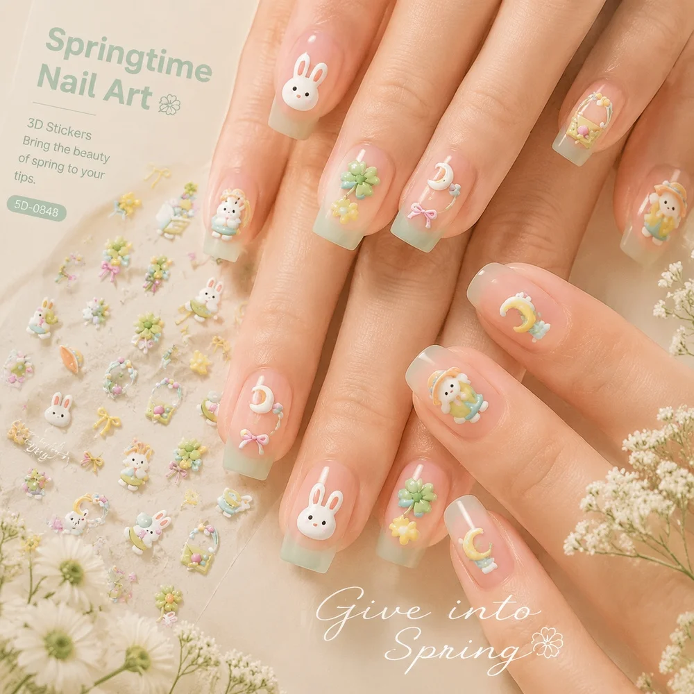 1Pc Y2K Cute Spring Nail Decals 5D Raised Hat Rabbit Four Leaf Clover Pattern Waterproof Single Sheet Self Stick Sticker