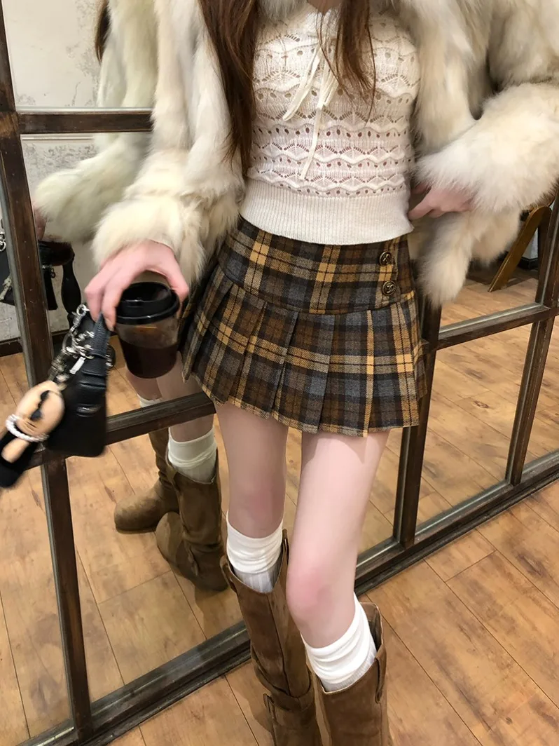 

Preppy Sle Color Blo Plaid Woolen Skirt Women's Autumn Winter ort Skirts A-Line Pleated Anti-Light Walking