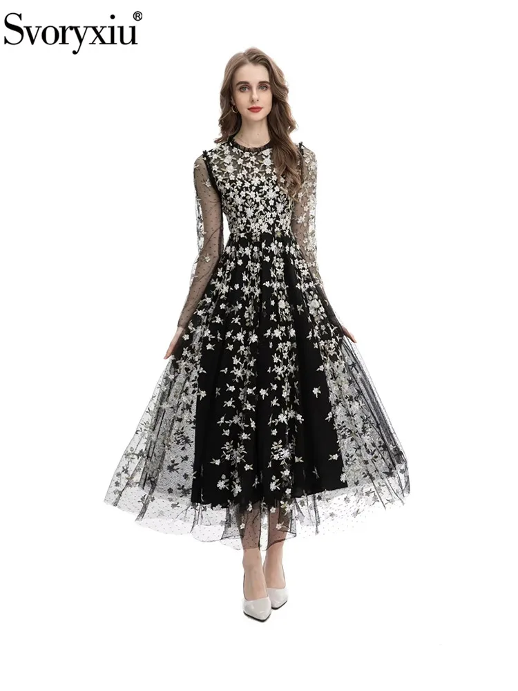 

Svoryxiu Fashion Runway Autumn Party Vintage Elegant Long Dress Women Flounces Collar Floral Embroidery High Waist A-Line Dress